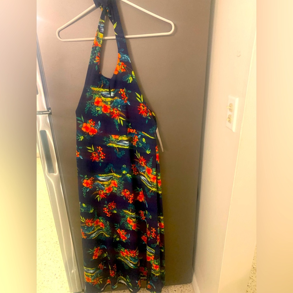 Lands' End Women XS Keyhole High Halter Maxi Dress Floral Stretch Beach Party